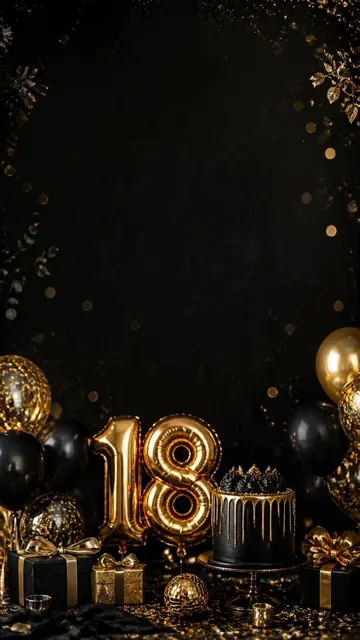Eighteen & Golden invitation design: Black & gold balloons, champagne glasses