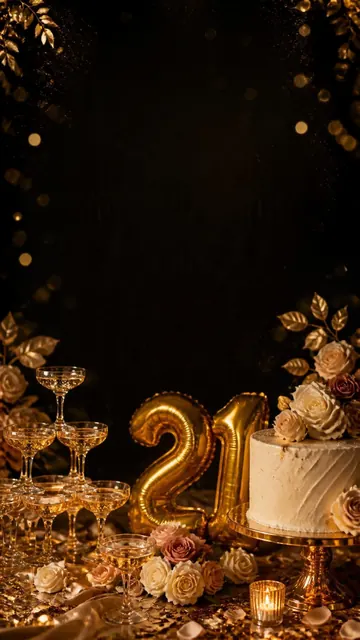 Twenty-One Glam invitation design: Gold 21 balloons & champagne tower