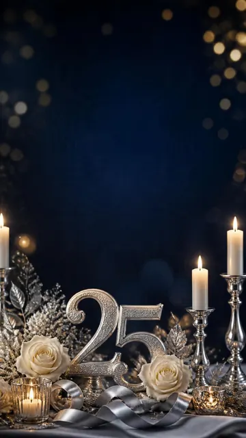 Silver Jubilee invitation design: Silver 25, white roses & candles