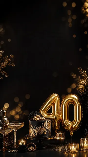 Fabulous Forty invitation design: Black & gold, 40 balloons, cocktails
