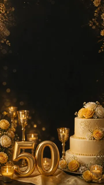 Golden Jubilee invitation design: Gold 50, yellow roses & candles