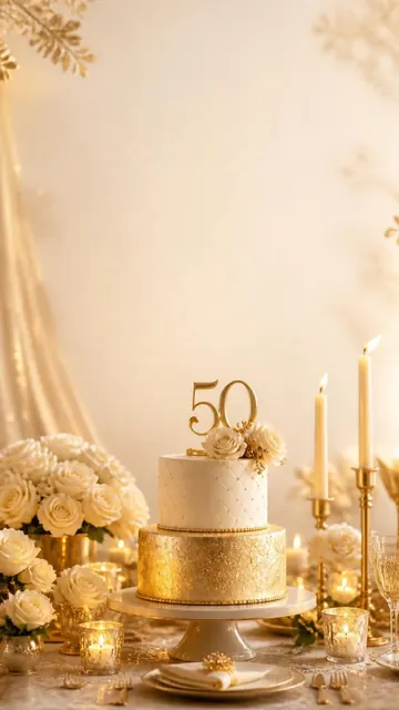 Golden Fifty invitation design: Ivory & gold, 50 cake, roses