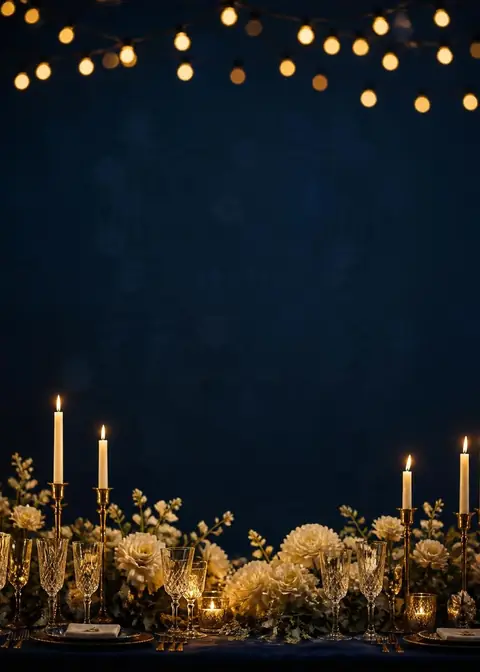 Candlelit Evening invitation design: Midnight blue, candlelit table & string lights