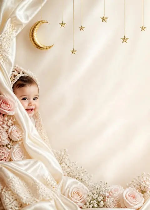 Little Angel invitation design: Ivory silk, golden moon & roses