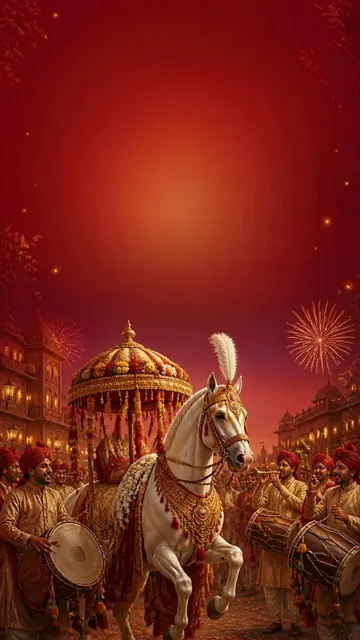 Baraat Procession invitation design: Decorated horse, drums & fireworks