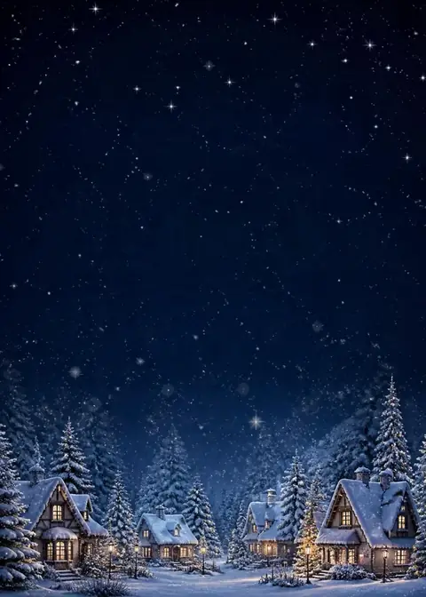 Snowy Village invitation design: Navy night, snowfall & lit cottages