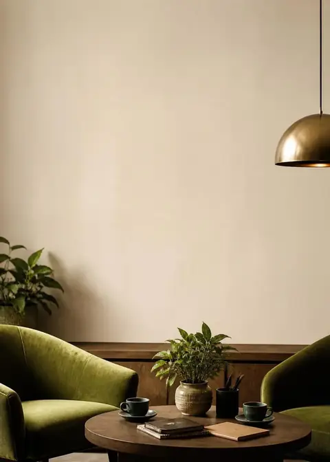 Coffee & Connections invitation design: Warm lounge, olive chairs & brass lamp