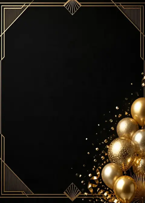 Gold Gala invitation design: Black Art Deco frame & gold balloons