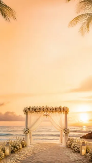 Beach Vows invitation design: Beach arch, ocean & sunset