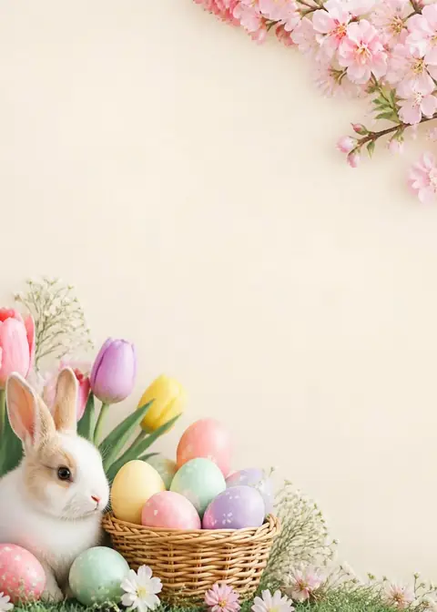 Spring Basket invitation design: Pastel eggs, tulips, a bunny & blossoms