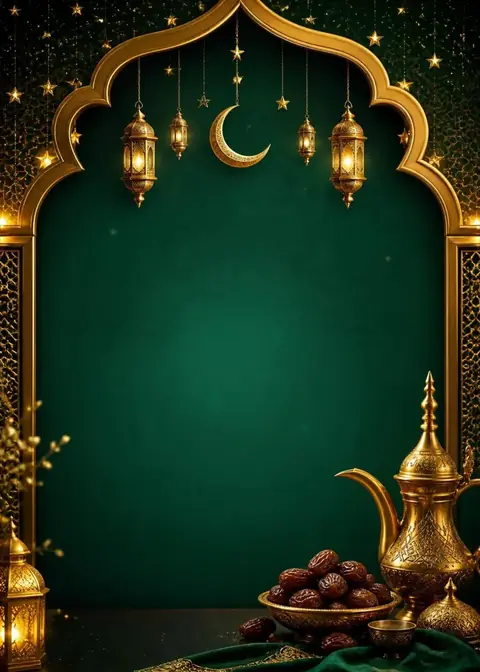 Crescent Lanterns invitation design: Emerald arch, gold lanterns, crescent & dates