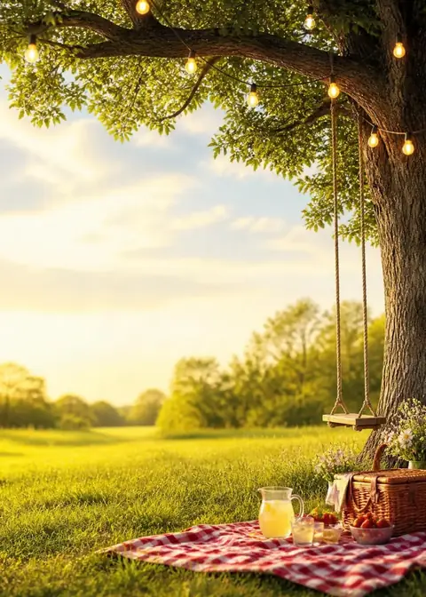 Under the Oak invitation design: Big oak, rope swing, picnic & golden light