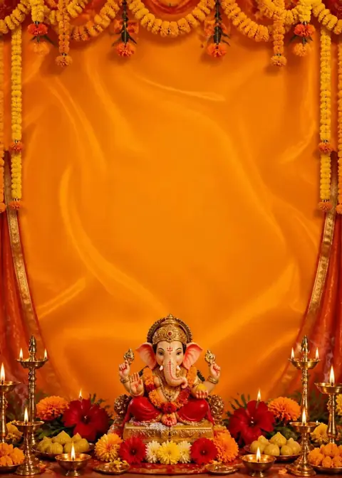 Ganpati Bappa invitation design: Saffron silk, marigolds, modaks & Ganesha