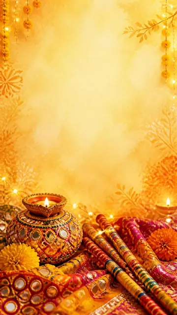 Garba Night invitation design: Dandiya sticks, garba pots & mirrors