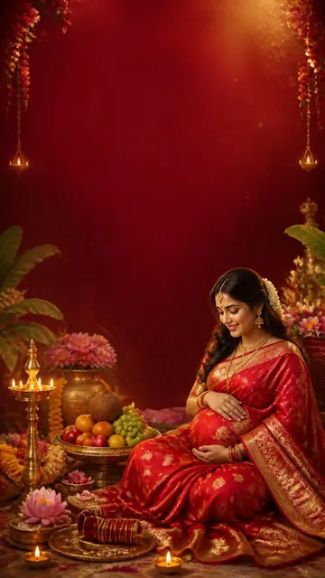 Godh Bharai invitation design: Mom-to-be in red saree, fruits & bangles
