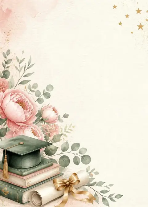 Bloom & Diploma invitation design: Watercolour peonies, books, cap & diploma