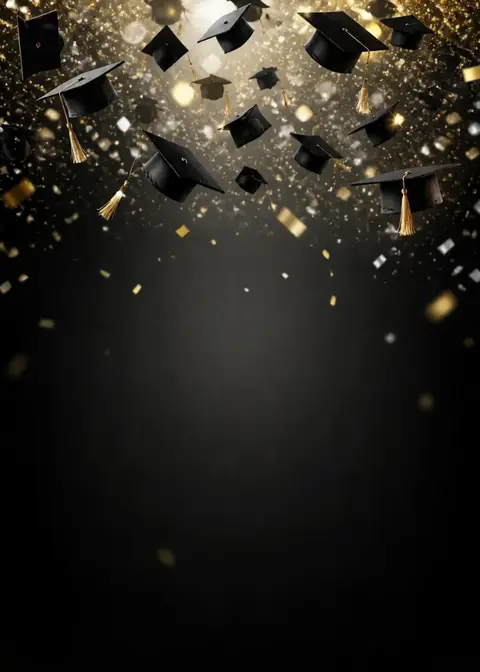 Caps in the Air invitation design: Black & gold, tossed caps & confetti