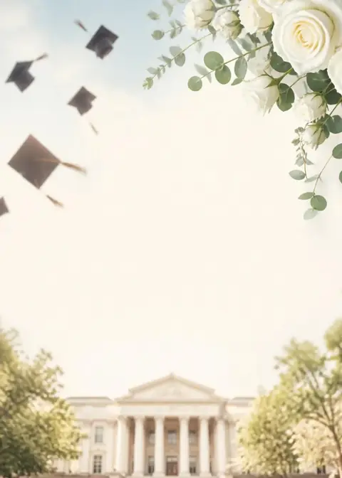Campus Bloom invitation design: Campus columns, white roses & tossed caps