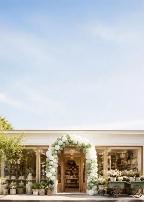 Open Doors invitation design: Sunlit storefront with a flower arch
