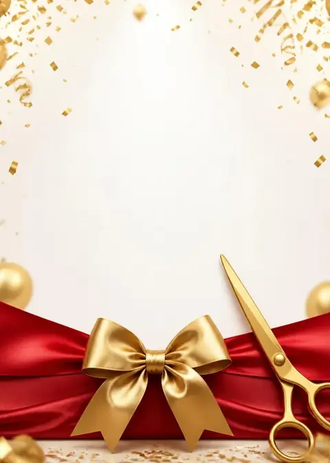 Ribbon Cutting invitation design: Red ribbon, gold bow, scissors & confetti