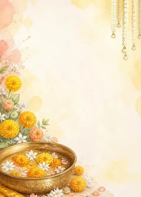Turmeric Blush invitation design: Watercolour marigolds, jasmine & brass urli