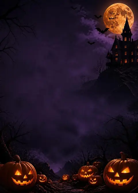Haunted Manor invitation design: Misty purple night, moonlit mansion & jack-o'-lanterns