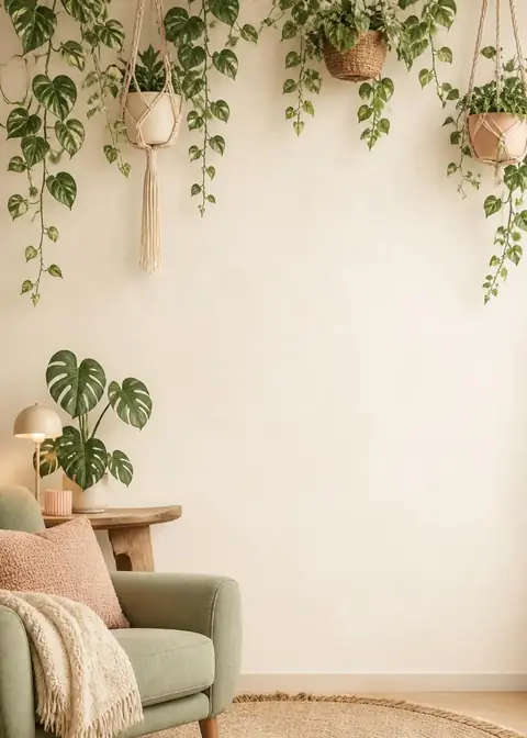 Cozy Corner invitation design: Trailing plants, macramé & a comfy armchair
