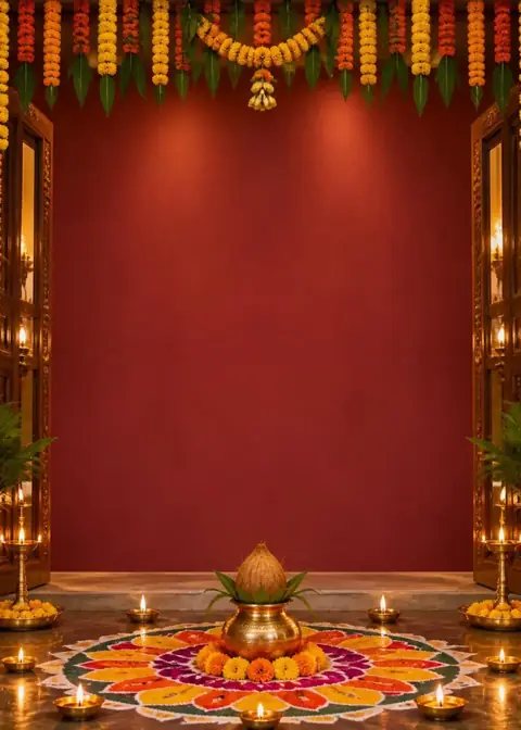 Griha Pravesh invitation design: Toran, rangoli, kalash & diyas
