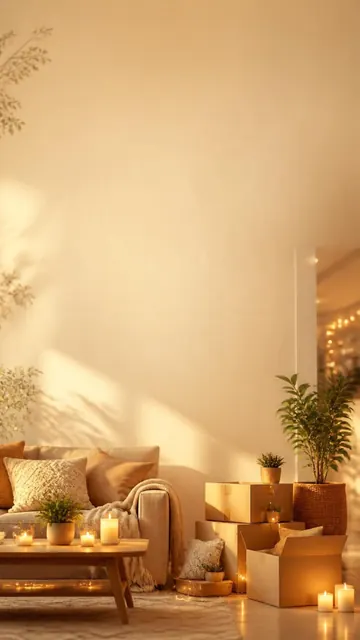 New Home Glow invitation design: Cozy living room, candles & plants