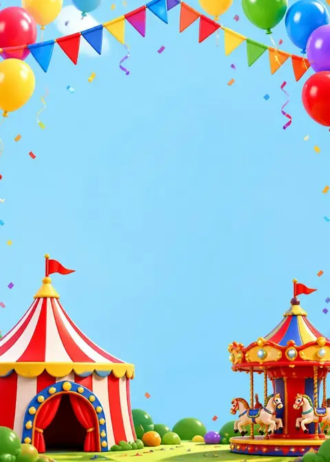 Carnival Fun invitation design: Circus tent, carousel, balloons & bunting