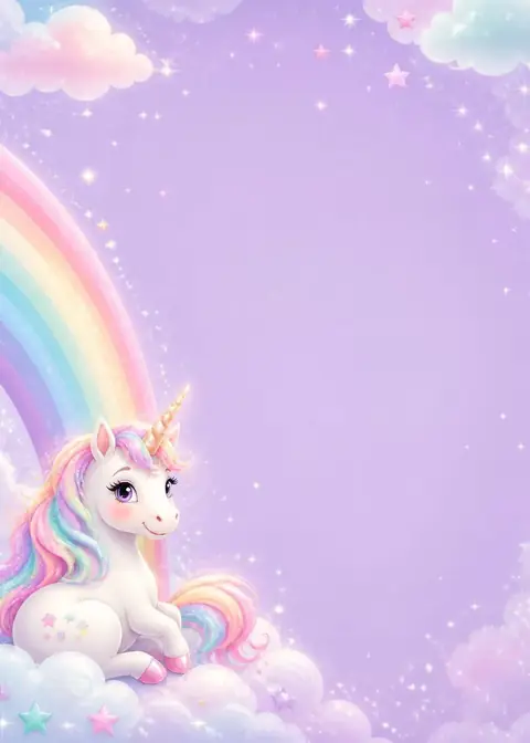 Unicorn Dreams invitation design: Lilac sky, rainbow & a little unicorn