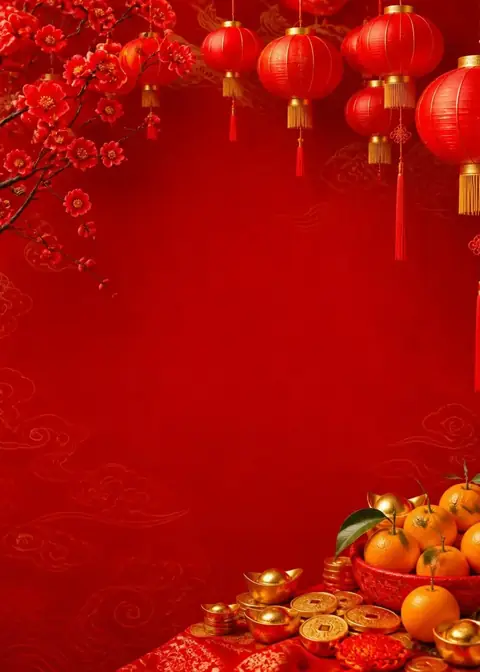 Red Lantern invitation design: Lucky red, lanterns, plum blossom & oranges