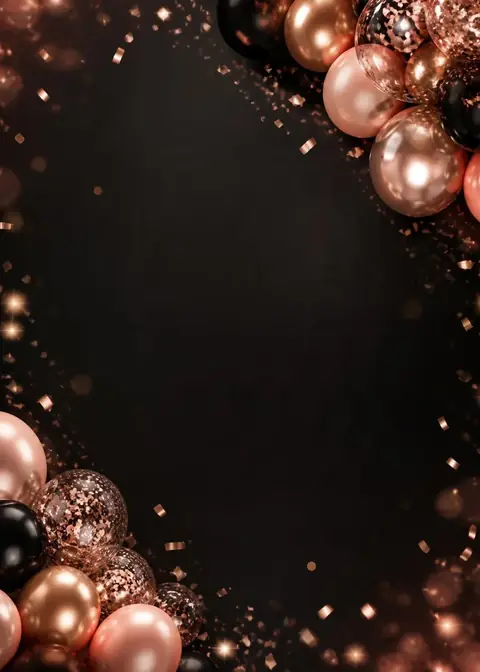 Rose Gold Glam invitation design: Matte black, rose-gold balloons & confetti