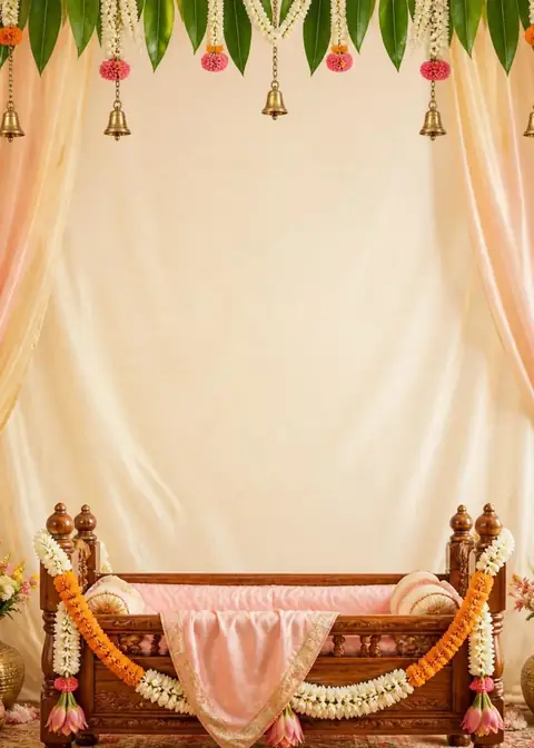 Golden Cradle invitation design: Decorated palna, mango-leaf toran & bells