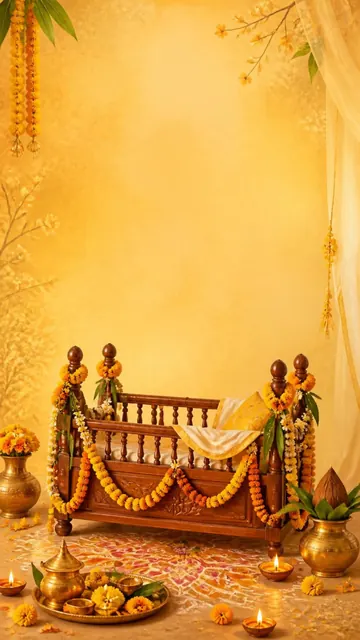 Namkaran Sanskar invitation design: Decorated cradle, diyas & marigolds