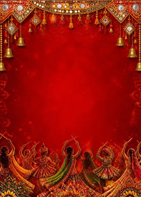 Dandiya Raas invitation design: Red, mirror-work toran & garba dancers