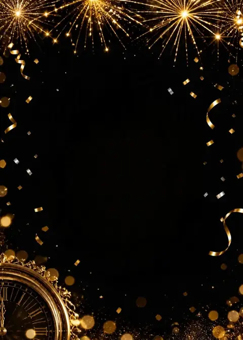 Midnight Countdown invitation design: Black & gold, fireworks, confetti & a clock
