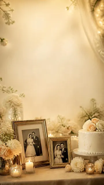 Our Parents' Anniversary invitation design: Vintage photos, roses & cake