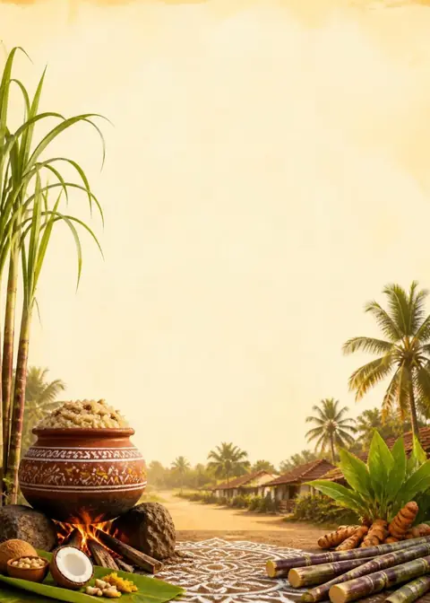 Harvest Pot invitation design: Overflowing pongal pot, sugarcane & kolam