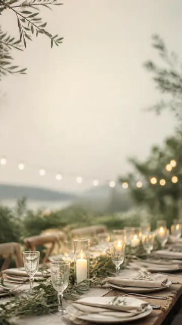 Rehearsal Dinner invitation design: Long table, olive branches & candles