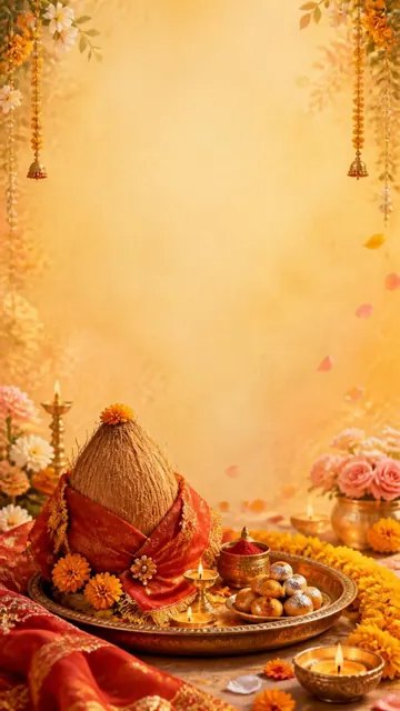 Roka Blessings invitation design: Marigolds, thali, coconut & red chunri