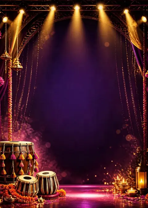 Dhol Beats invitation design: Purple stage, spotlights, dhol & tabla