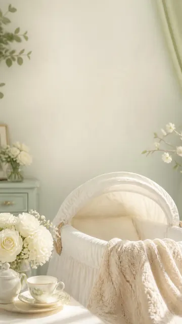 Sip & See invitation design: Bassinet, tea cups & white florals