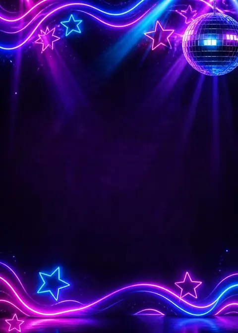 Neon Glow invitation design: Neon stars, waves & a disco ball