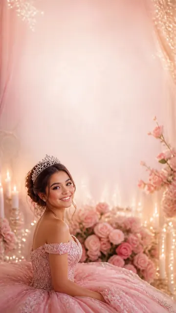 Rose Gold Sixteen invitation design: Rose gold ballgown, tiara & roses