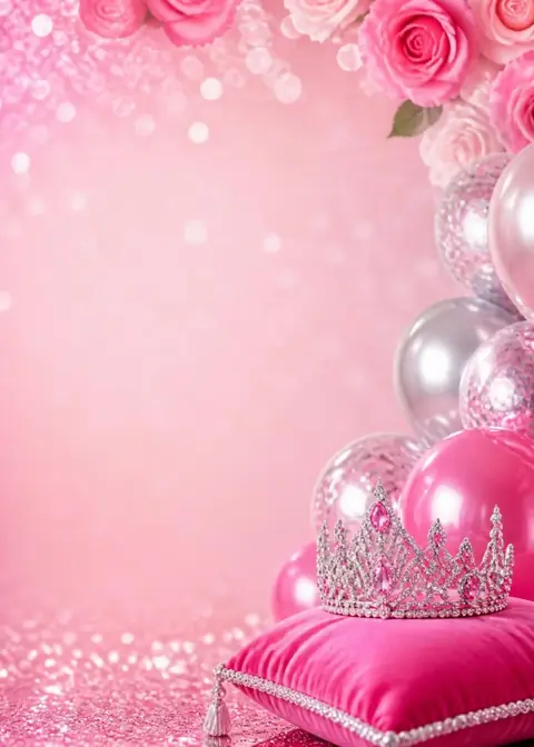 Tiara Sparkle invitation design: Pink glitter, silver tiara & balloons