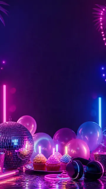 Glow Party invitation design: Neon lights, disco ball & party confetti