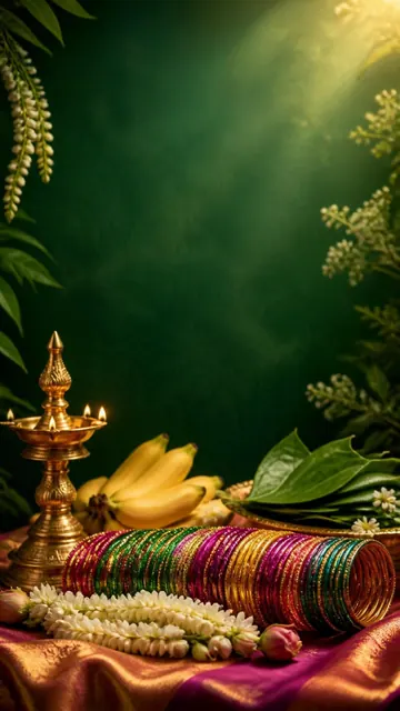Valaikappu invitation design: Glass bangles, jasmine & brass lamps