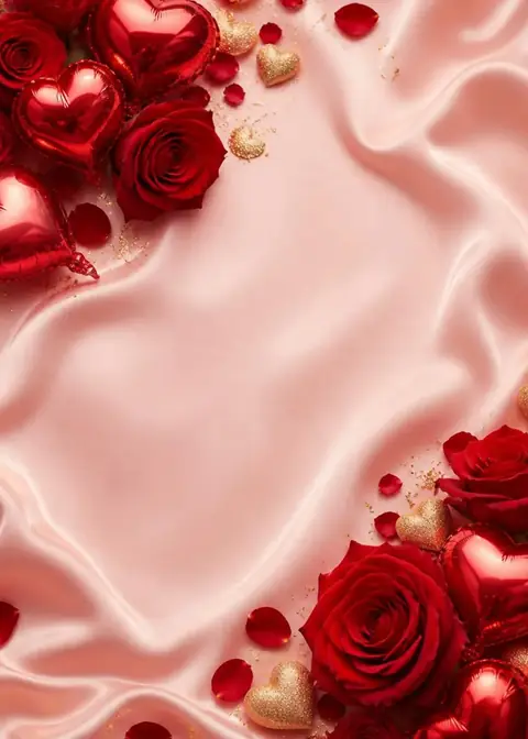 Roses & Hearts invitation design: Blush silk, red roses & heart balloons