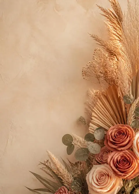 Boho Sunset invitation design: Pampas, dried palms & terracotta roses